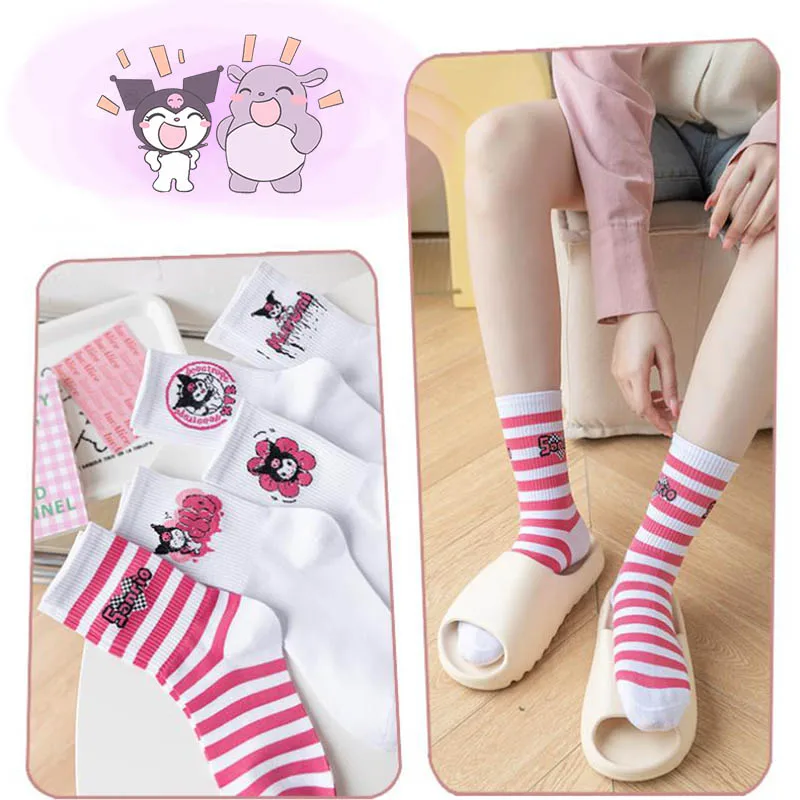 

Kawaii Sanrio носки Kuromi милые аниме дышащие летние тонкие чесаный хлопок мягкие студенческие белые Средние трубки подарок девушкам