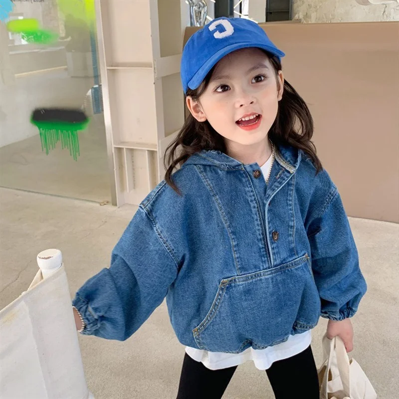 2-9Year Kid's Coat Outerwear Girl Cowboy Hooded Jacket Autumn 2022 Fashion New Korean Zipper Hooded Jacket Girl's Denim Coat