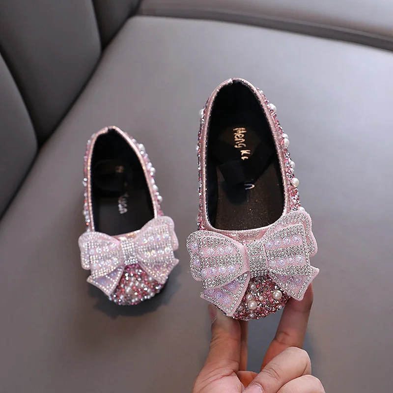 Autumn New Girls Flat Leather Shoes Baby Kids Party Children Glitter Butterfly Wedding J315