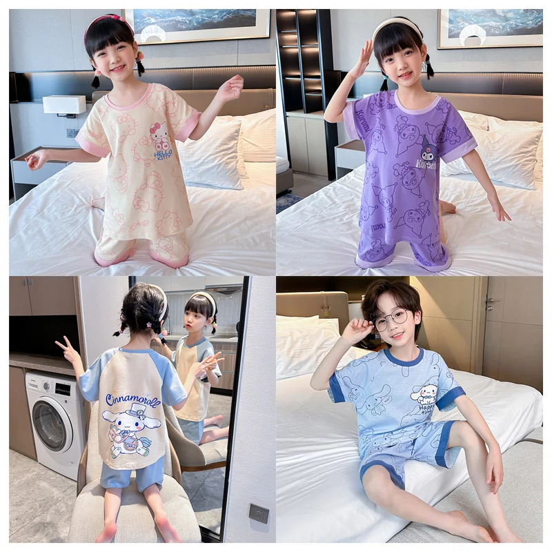 

Sanrioed Cute Cartoon Cinnamoroll Kuromi Hellokittys Boys Girls' Summer Pajama Set Kawaii Anime Short Sleeved Shorts Home Clothe