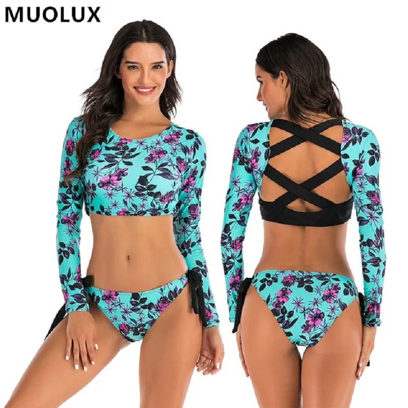 

2022 Rash Guard Tankini Swimsuit Women Swimwear Plus Size Long Sleeve Sport Bikini Surfing Suit Backless Bathing Suit Shorts XXL