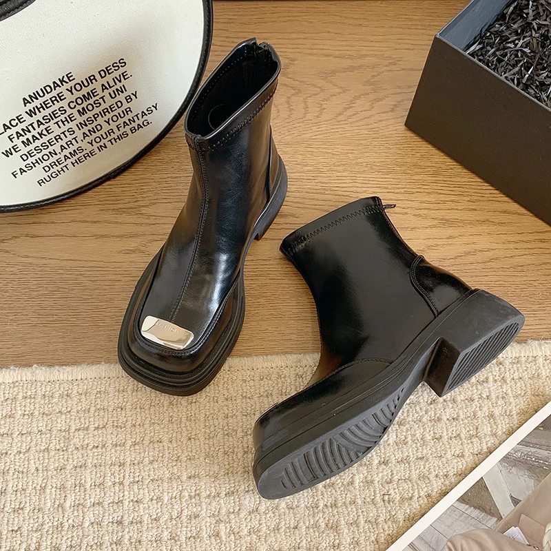 Autumn Chunky Heightening Genuine Leather Platform Women Round Toe Short Boot Shoes Ankle Elastic Boots Handmade Chelsea Boots