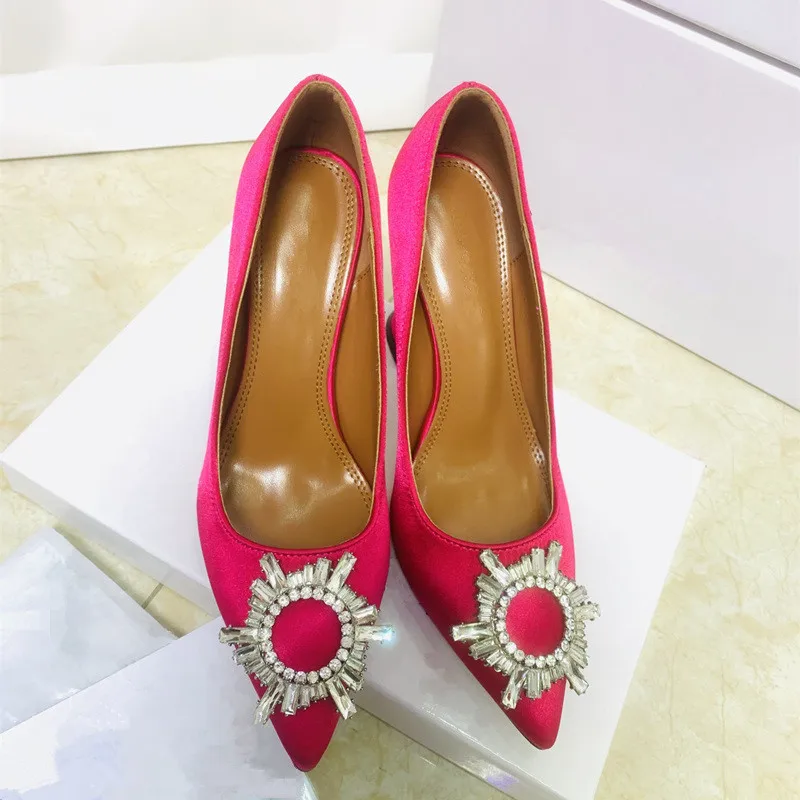 2022 European and American women's pointed satin high-heeled sun buckle rhinestone single shoes
