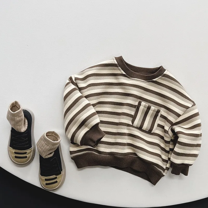 

Новинка зимы 2023, Детская толстовка в полоску с длинным рукавом, бархатные толстые топы для маленьких мальчиков и девочек, детская винтажная Повседневная теплая одежда