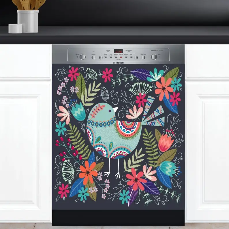 

Dishwasher Cover Choose Magnet Or Vinyl Decal Sticker, Scandinavian Bird And Flowers Folk Art Design D0075- choose your size fro