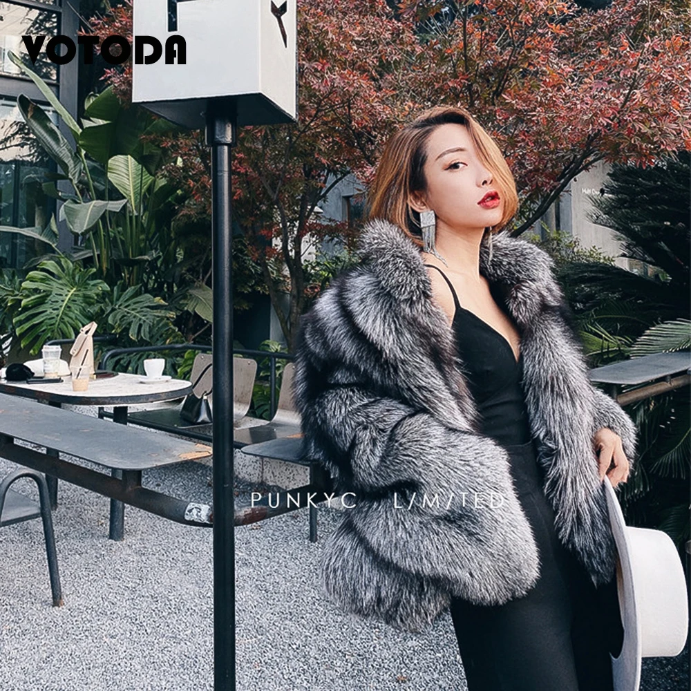 Winter Women Silver Fox Fur Coat High Quality Luxury Faux Fur Jacket Thicken Long Sleeve Fox Fur Overcoat Fluffy Furry Outerwear
