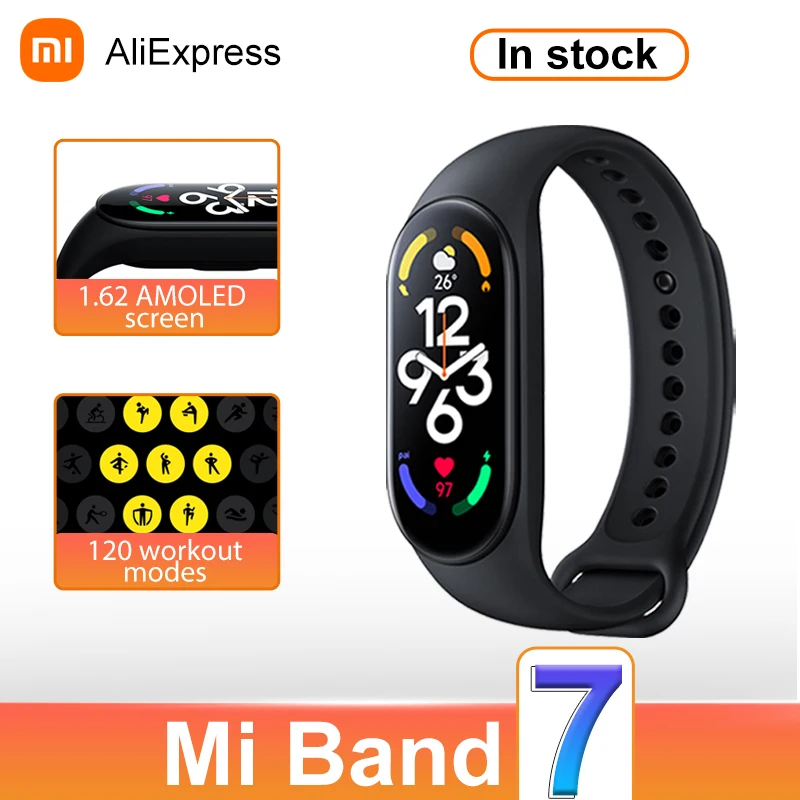  Xiaomi Mi Band 7, 1,62 дюйма, AMOLED, Bluetooth 5,2, VO2 Max, спортивный анализ, 120 режимов тренировки, 5ATM, водонепроницаемый смарт-браслет 