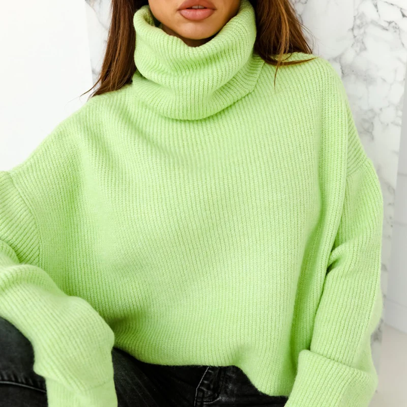 

Women Loose Casual Solid Color Sweater Autumn Winter New Fashion Turtleneck Knitted Pullover High Street Elegant Office Lady Top