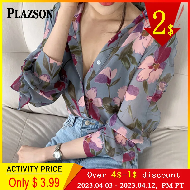 

PLAZSON Floral Chiffon Women's Transparent Blouse Casual Long Sleeve Lapel Cardigan Shirt Summer Loose Sunscreen Tops Blusas