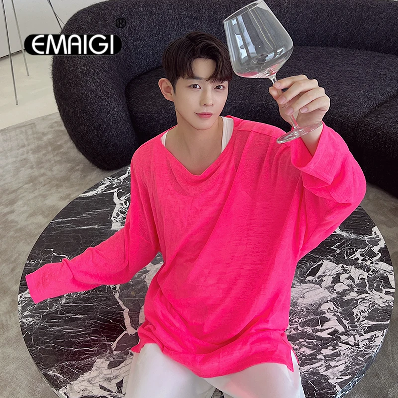 

Summer Oversize Long Sleeve T-shirt Men Loose Casual Big Collar See Through Thin Tshirt Male Women Couple T Shirts Tees