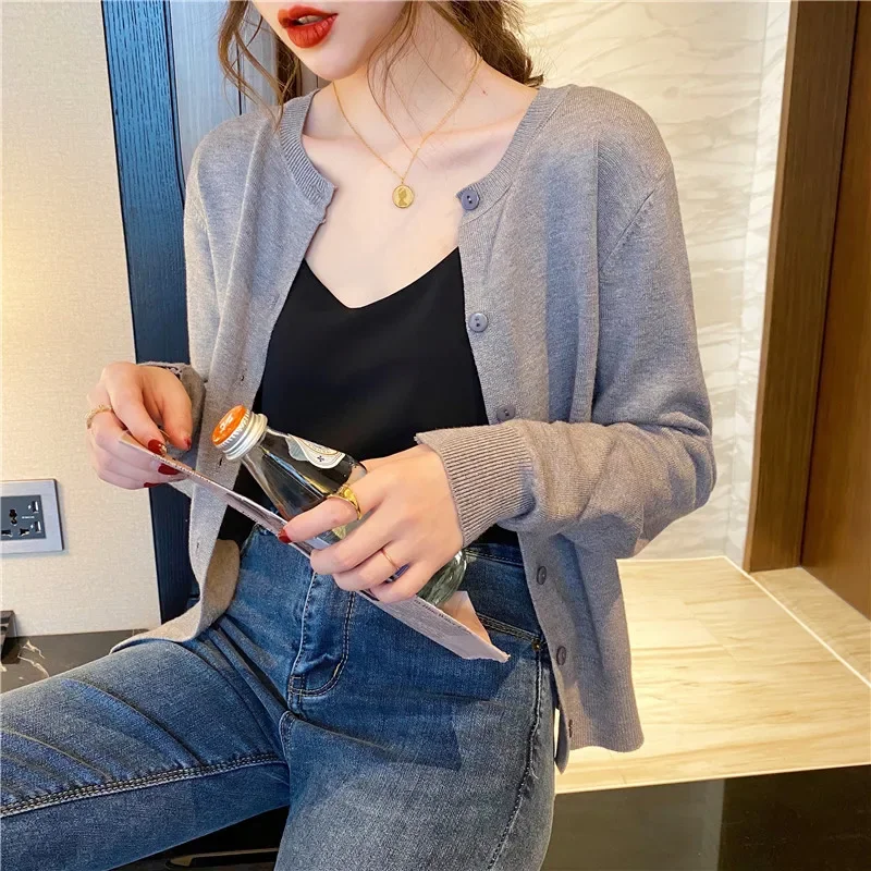 Осенние женские винтажные простые однотонные вязаные кардиганы с круглым