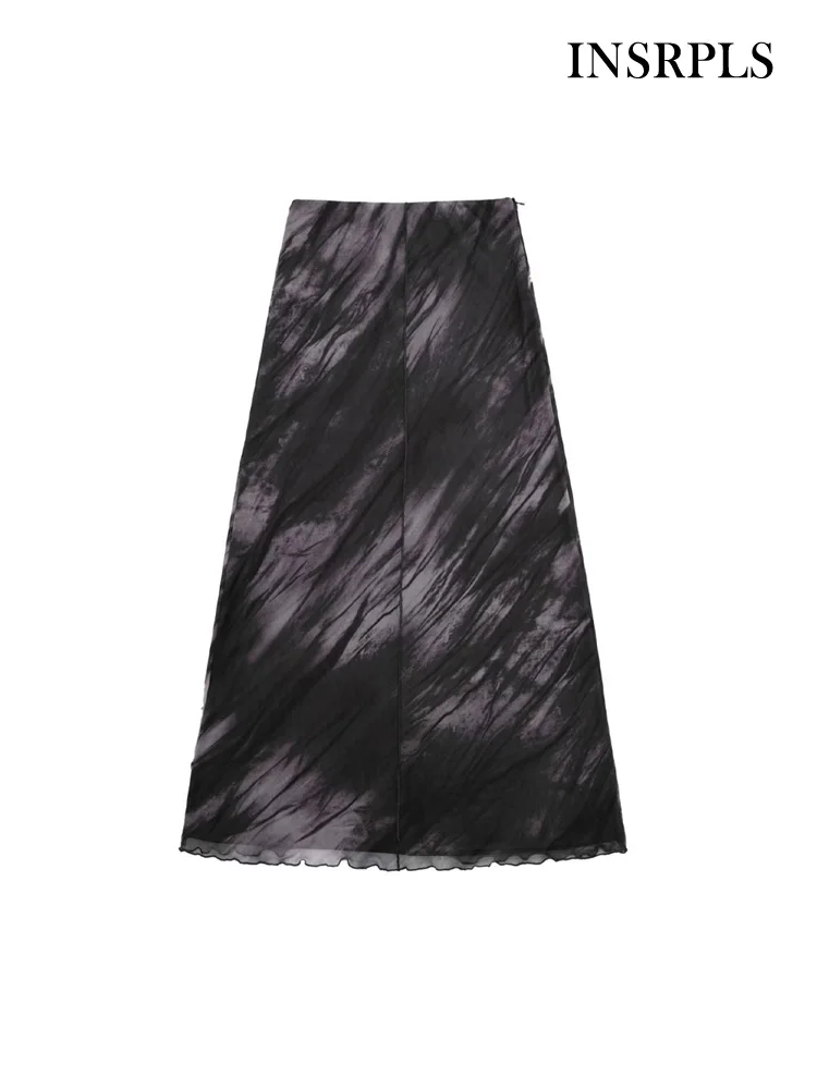 

INSRPLS Women Fashion With Lining Printed Tulle Midi Skirt Vintage High Elastic Waist Side Zipper Female Skirts Mujer