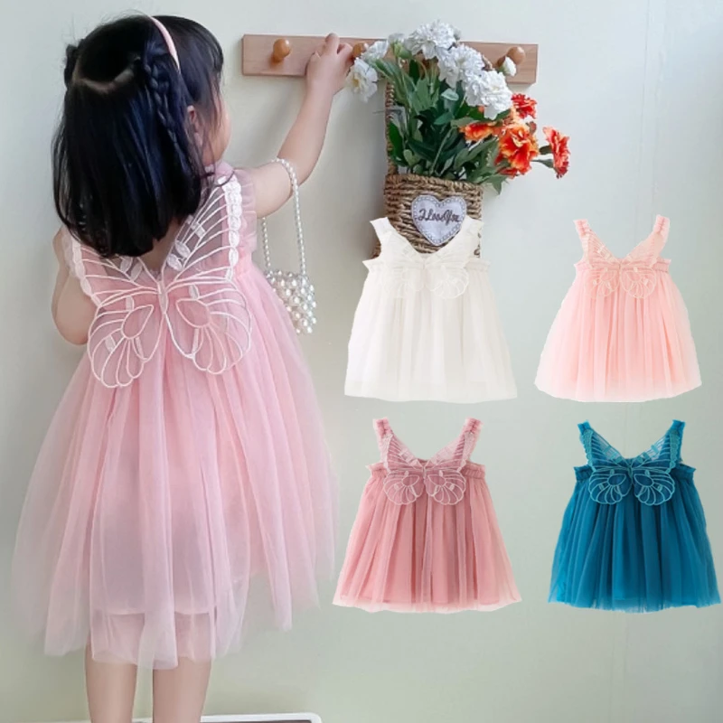 

2022 New GirlsSummer Suspender Mesh Dress Baby Girls Puffy Princess Dress Lovely Butterfly Wings Birthday Party Dresses 12M-6T