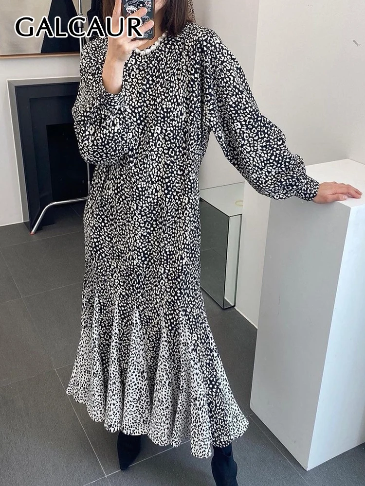 

GALCAUR Slim Dresses For Women Round Neck Long Sleeve Folds Patchwork Wave Point Pullover Elegant Dress Female Summer Clothing