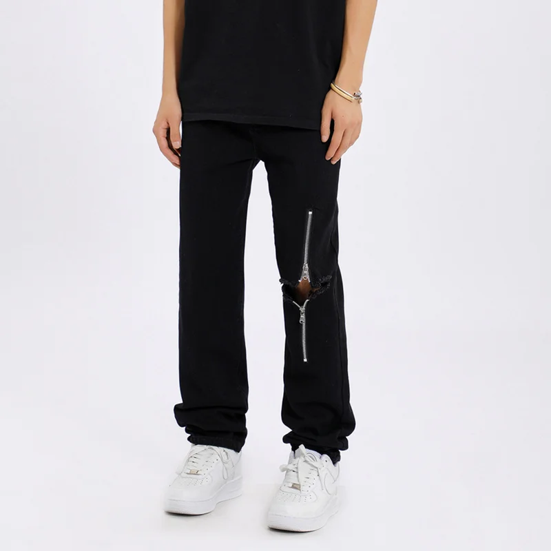 Streetwear Men 2022 Autumn and Winter New Loose Straight Cylinder Jeans Vintage Comfortable Blue Zipper Ripped Trousers Female