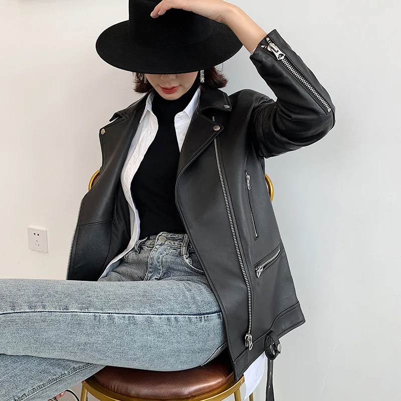 Leather Jacket Autumn And Winter Women's Mid Length Sheep Leather Loose Motorcycle Leather Jacket Genuine Leather Coat enlarge