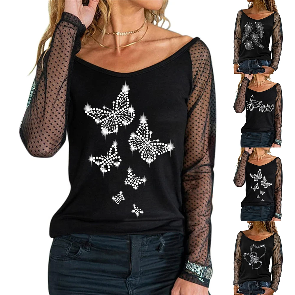 

Женские топы с длинным рукавом и V-образным вырезом, Дамская Повседневная Тюлевая блузка в стиле пэчворк с сердечками, Повседневные Рубашки,...