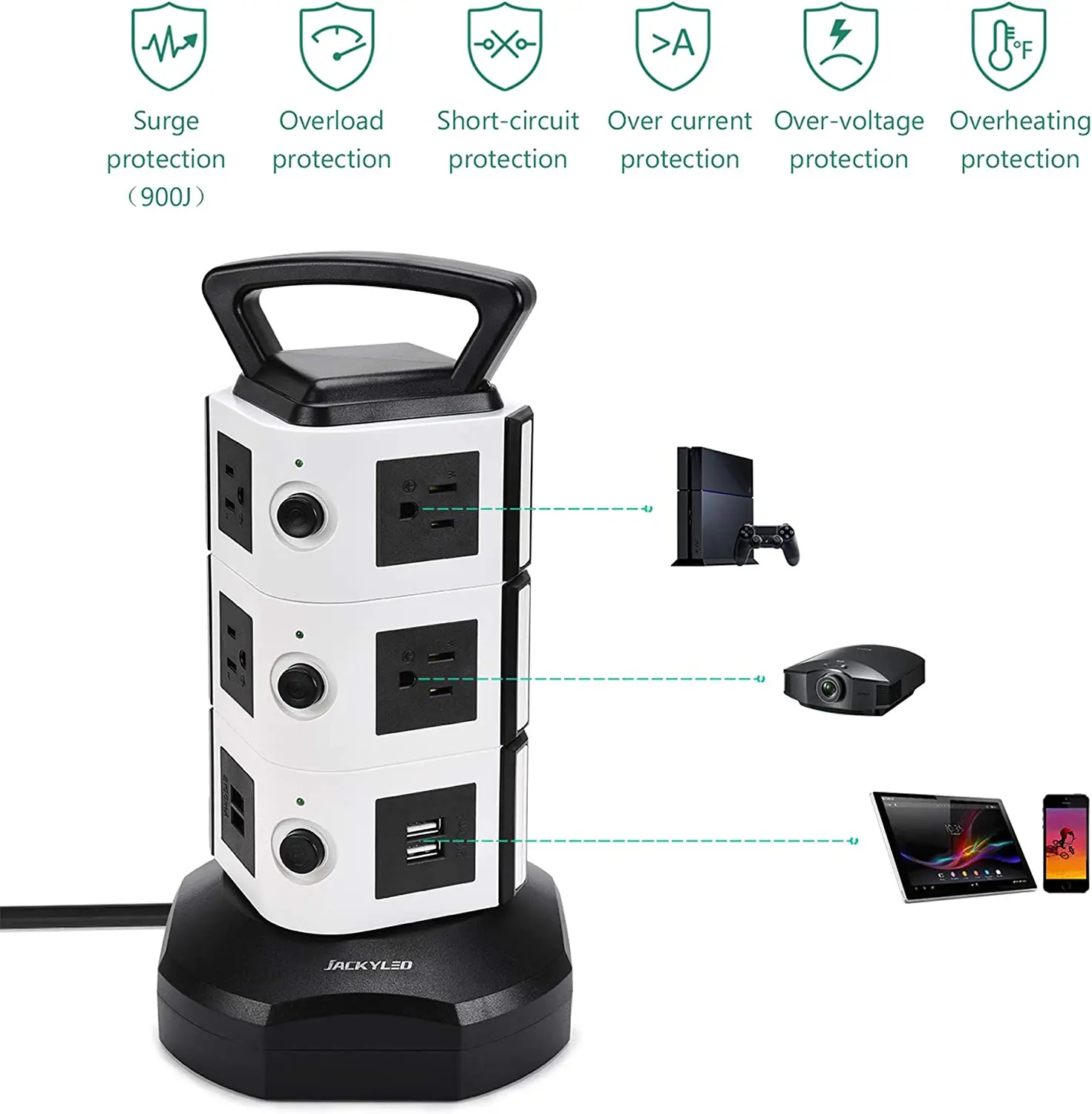 2022.Power Strip Tower JACKYLED Surge Protector Electric Charging Station 3000W 13A 10 Outlets 4 USB Ports with 16AWG 6.5ft