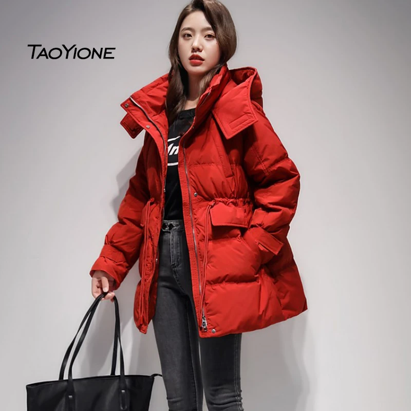 

2022 Korean Winter Hooded Duck Down Jacket For Women Casual Lady Winter Loose Down Coat Female Warm Padded Red Puffer Overcoat
