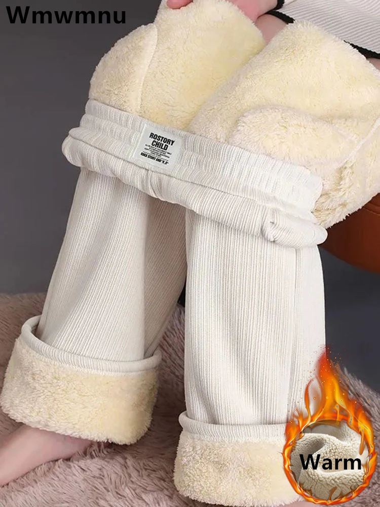   Winter Fleece Lined Wide Leg Pants Casual Thicken Warm Baggy Sweatpants Women High Waist Korean Lamb Fluff Straight Pantalones 