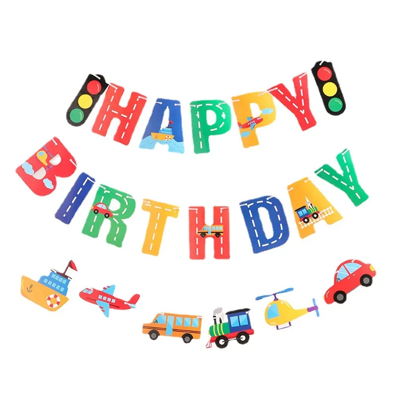 

Birthday Decoration for Boys Happy Birthday Banner Cars School Bus Train Fire Truck Motorcycle Plane Balloons Transport Vehicles