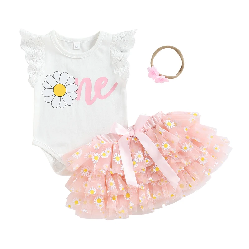

3Pcs Baby Girl First Birthday Outfit Letter Romper Daisy Tulle Tutu Skirt Cake Smash Summer Clothes Set Pink 6-12 Months
