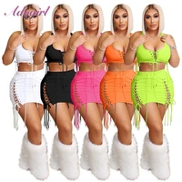 women summer skirt two piece set beach suit neon color lace up crop tops vest bandage mini skirt outfit party club matching sets