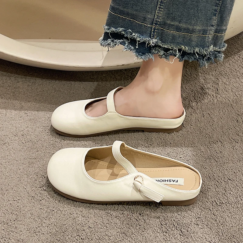 

Slippers Casual Cover Toe Summer Women's Shoes Female Mule Low Loafers Slides Pantofle Luxury Mules 2023 Flat Rubber Rome PU