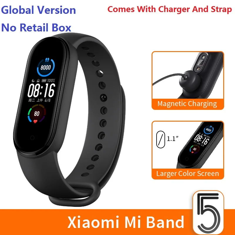 

Телефон Xiaomi Mi Band 5, Bluetooth 5,0, 5 АТМ, 1,1 дюйма, AMOLED, 125 мАч