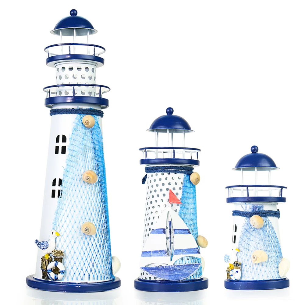 Nautical Ocean Flash Lighthouse Fishing Net Starfish Shell Metal Beacon Tower Ornaments Figurines Crafts Paperweight Home Decor