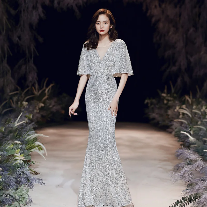 

Banquet Evening Dress Female Style Queen 2023 New Style Fish Tail Sequin Dress Annual Meeting Host's Long Style Wedding Dress