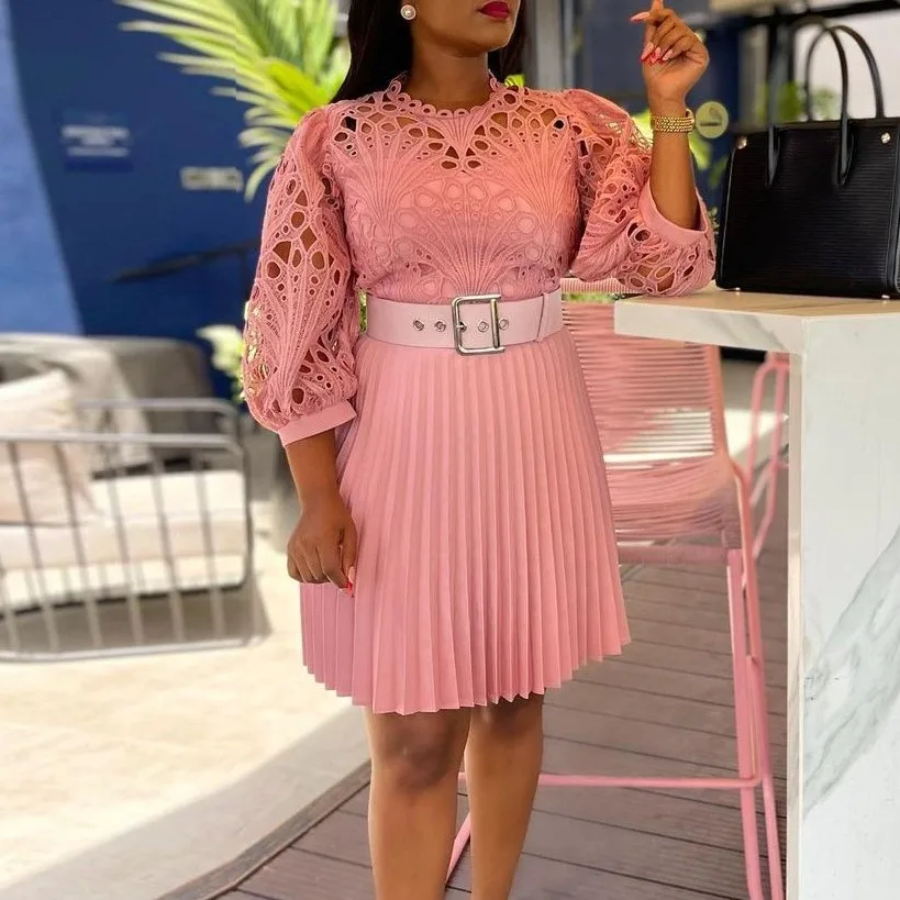

Summer Autumn Africa Clothing Wrist Sleeve Lace African Dresses For Women Sexy O-Neck Perspective Slim Dress Office Lady Party
