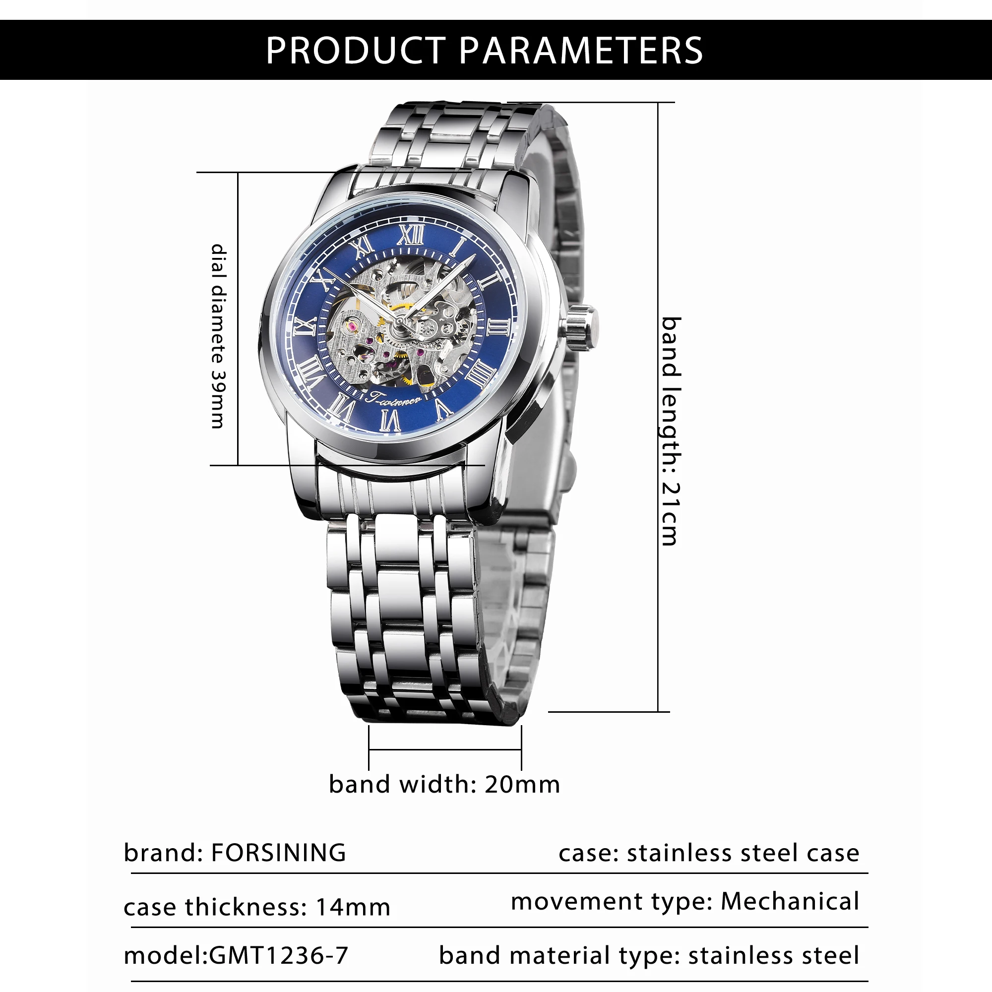 Forsining Fashion Blue Military Hollow Mechanical Stainless Steel Watch Luminous Sport Mens Skeleton Watches Montre Homme Clock