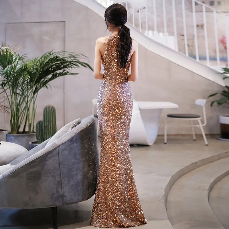 Evening Dress Women 2022 Autumn New Style Banquet Temperament Hanging Strap Sequins Sexy Hostess Fishtail Celebrity Slim
