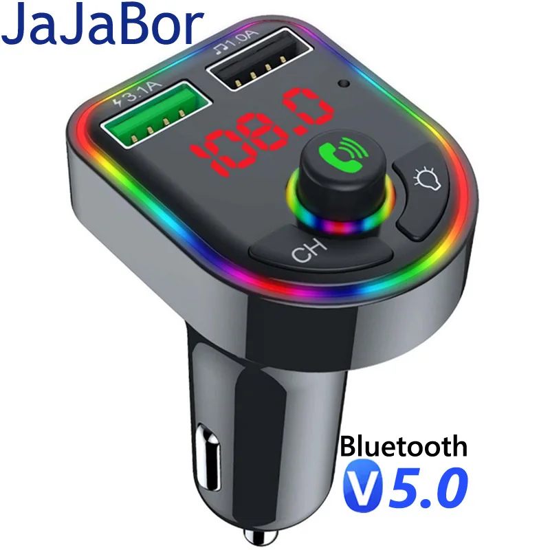 

JaJaBor FM передатчик модулятор Автомобильный MP3 плеер цветной атмосферный светильник двойной USB 3.1A USB зарядное устройство громкой связи Bluetooth а...