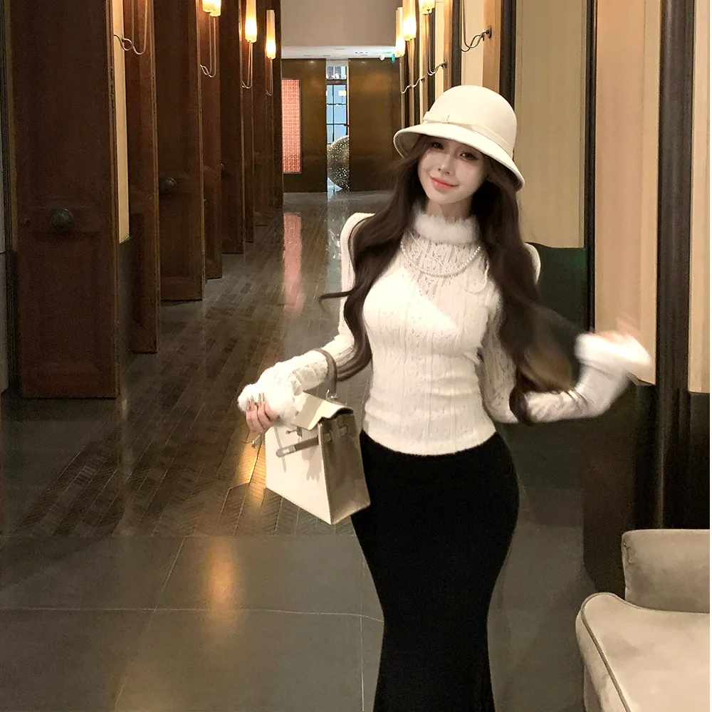 Французский кружевной плюшевый трикотаж для женщин 2024 осень и зима новинка