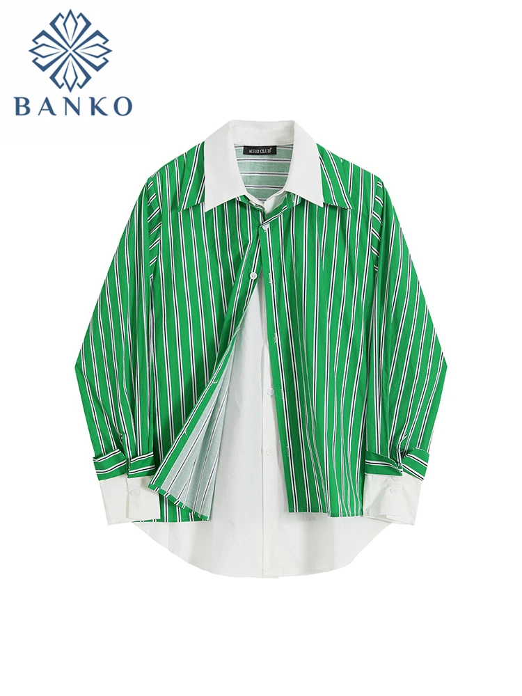 

Green Color Women Striped Fake Two Pieces Over-shirt Lapel Baggy Long Sleeve Harajuku Blouses Irregular Design Shirt Aesthetic