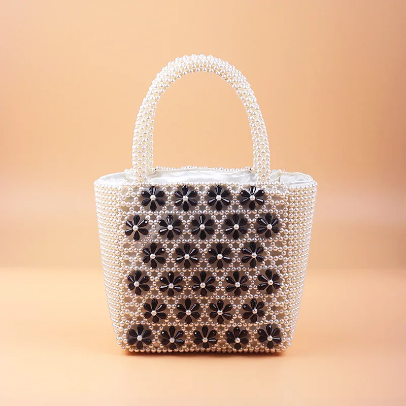 New pearl color transparent flower-shaped heavy industry large-capacity handbag hand-beaded highlight women |