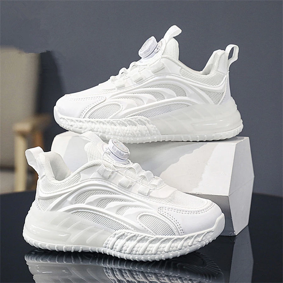 New Kids‘ Basketball Shoes  Boys Sport Shoes Mesh Breathable Cushioning Rotating Button Training Athletic Basketball Sneakers