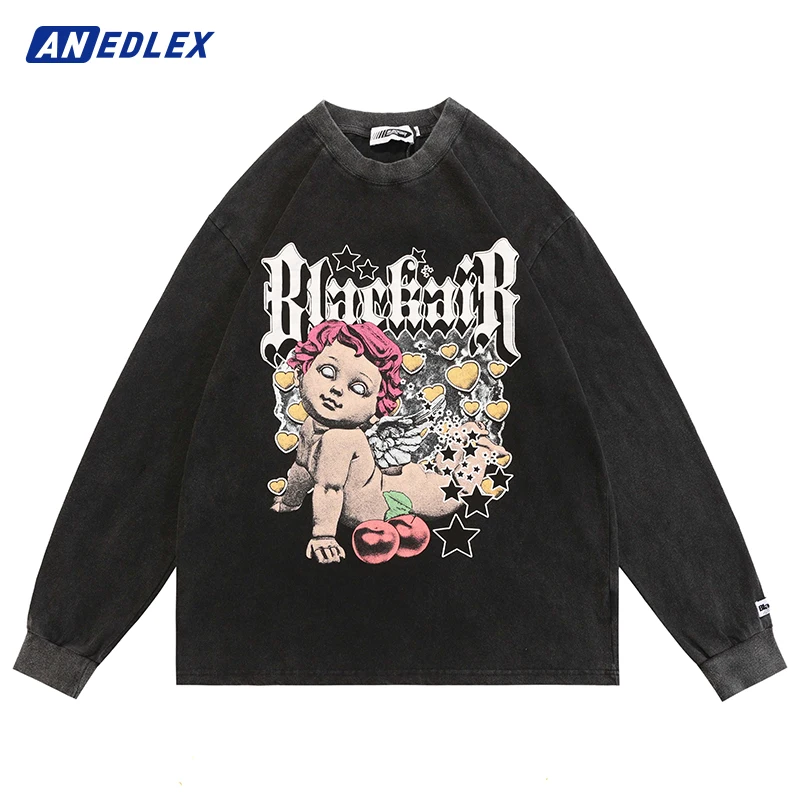 

2022 Autumn Men Oversized Long Sleeve T-Shirt Letter Angel Baby Printed T Shirt Hip Hop Streetwear Harajuku Cotton Casual Tops