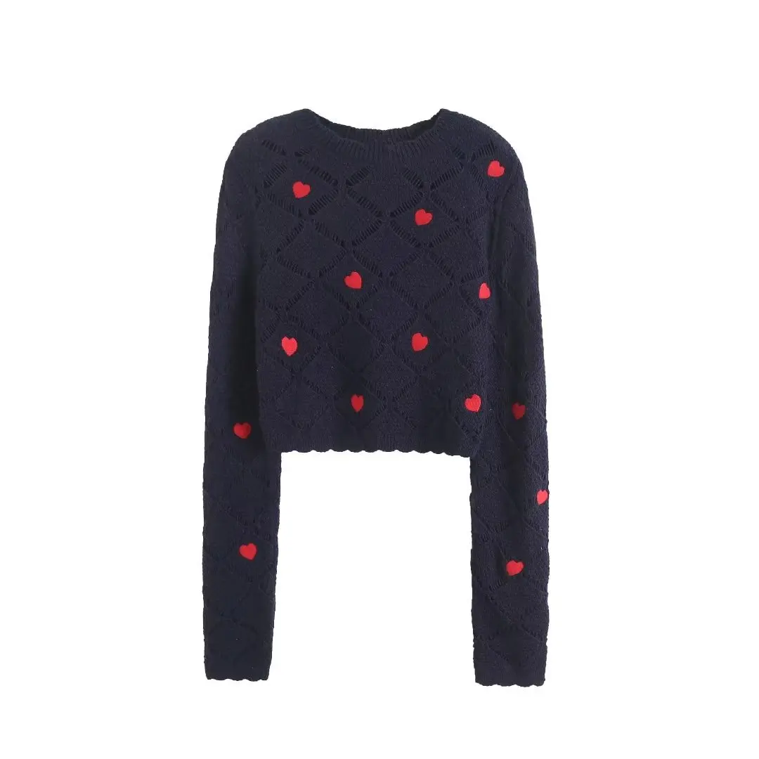 

2023 New Spring Woman Knit Sweater Embroidery Heart Sweet Design Hollow Pullovers