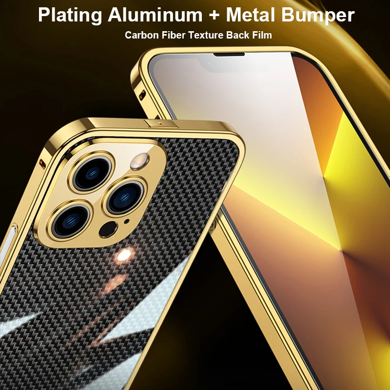 Plating Bumper Metal Case For iPhone 14 Pro MAX 13 12 11 14 Plus Aluminium Frame Phone Cover Camera Protector Carbon Fiber Film
