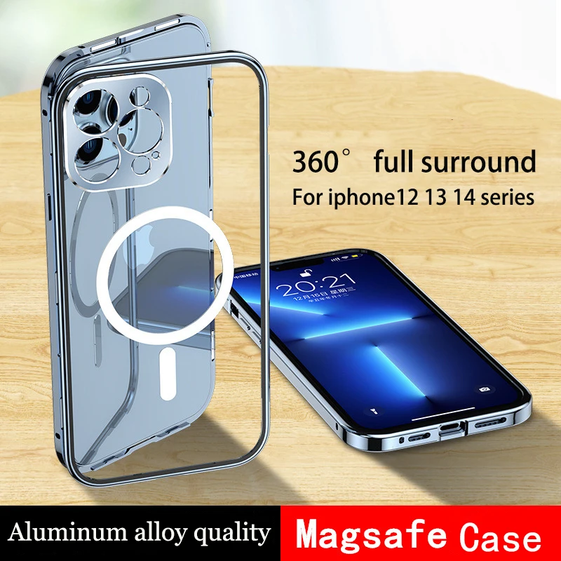 

Magnetic Magsafe Case for iPhone 14 13 12 11 Pro Max 360° Full enclosed Protection Aluminium Alloy Glass Wireless charging Cover