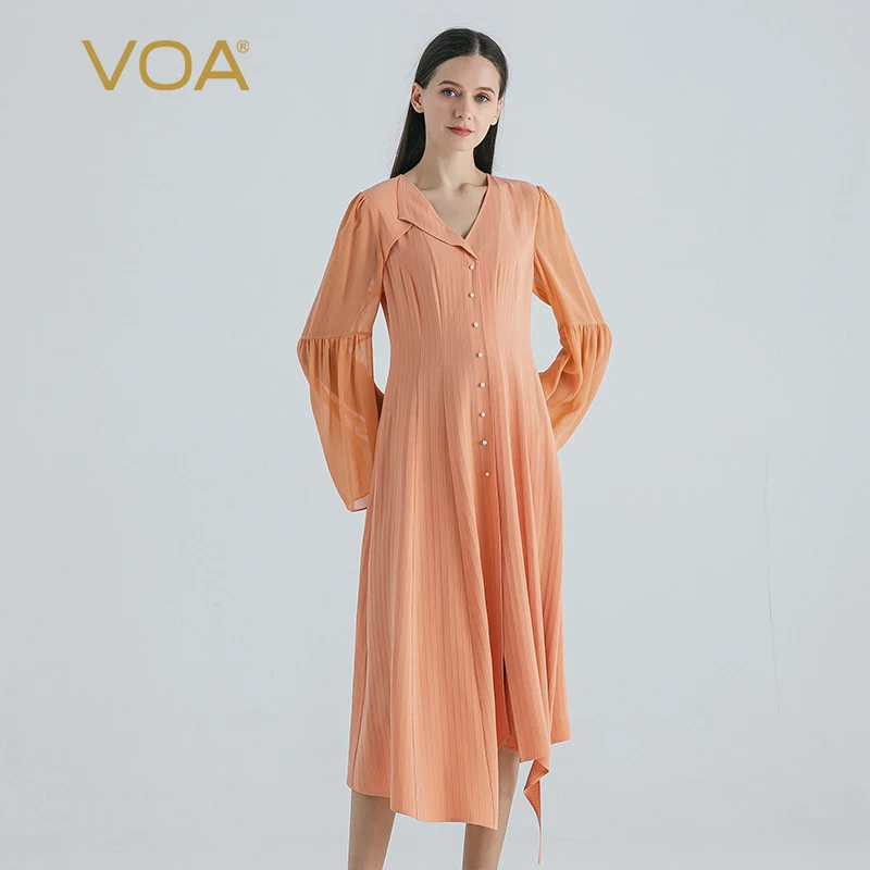 

(Fans Exclusive Discount) VOA Heavyweight Silk Dresses Women Splice Georgette Flare Long Sleeve V-Neck Party Dress New AE1777
