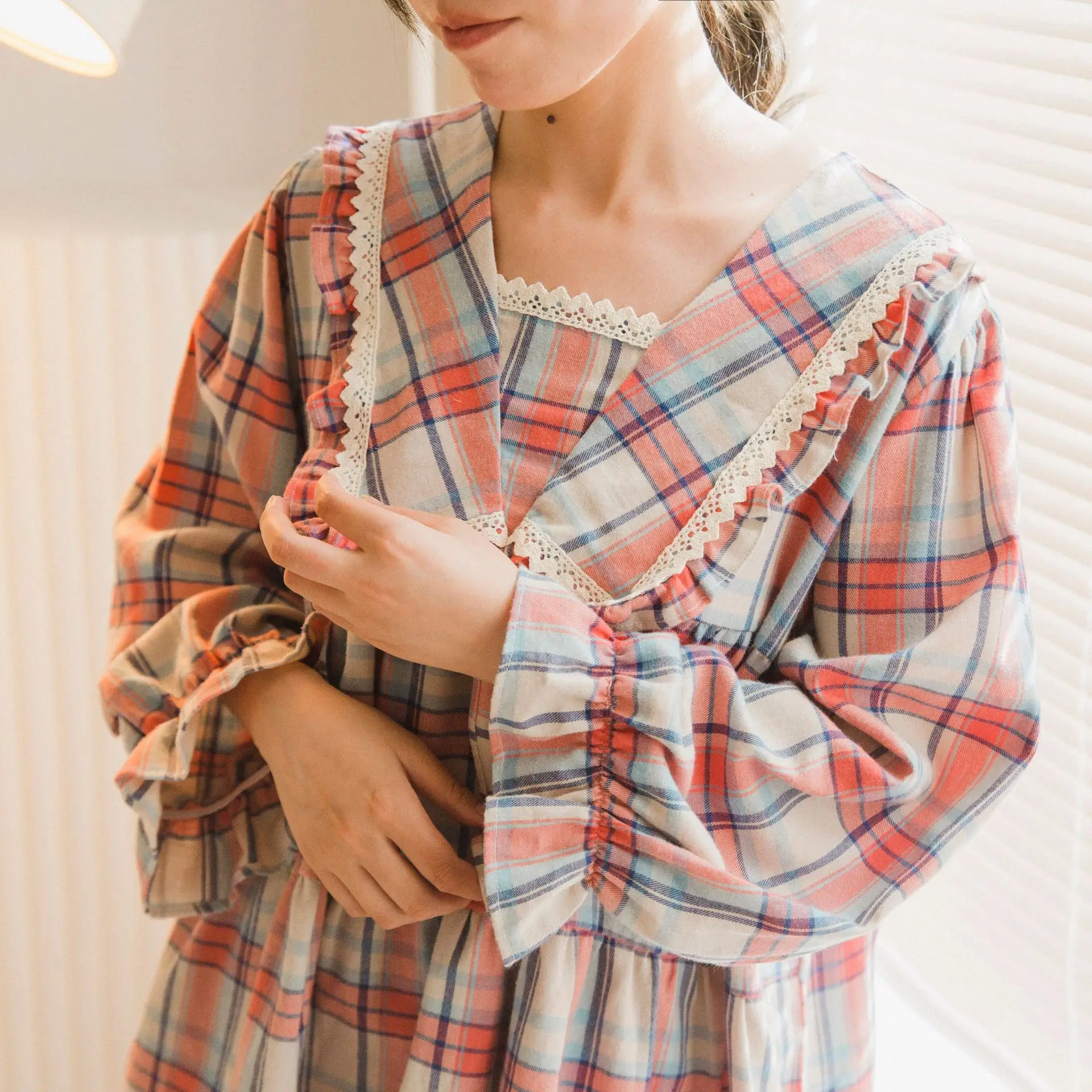 

Французская Пижама, свежая клетчатая хлопковая свободная Пижама, женские брюки с длинным рукавом, одежда для отдыха, ночная рубашка из матовой ткани, домашняя одежда