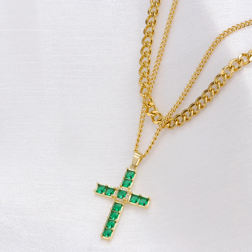 

Multilayer Stainless Steel Cuban Chain Necklaces Choker Green Zircon Diamond Cross Pendant Necklace for Women