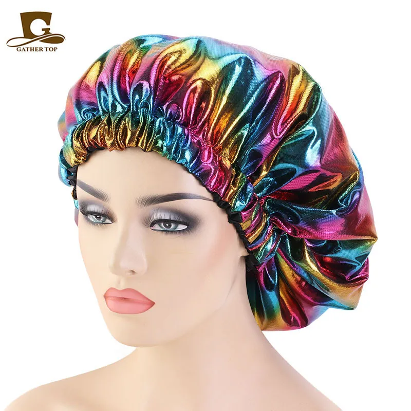 

Ladiescap With Double Laser Elastic Round Cap Nightcap Shower Cap Chemo Fashionable New Solid Color Muslim Female Headscarf So