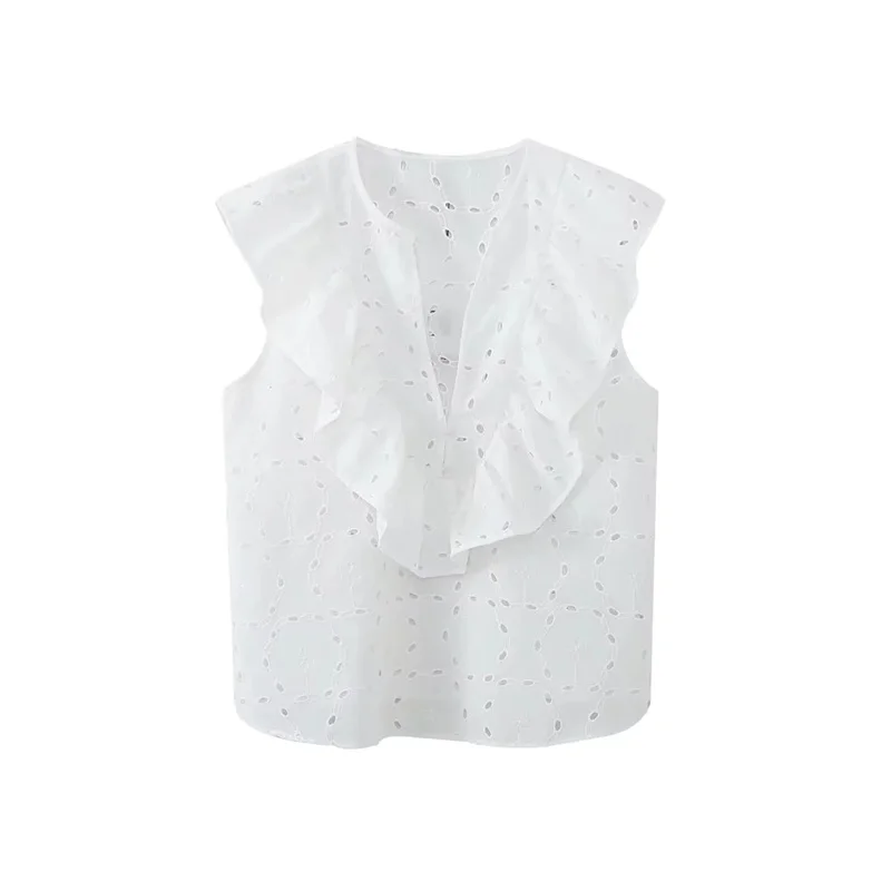 

TRAF Openwork Embroidered Blouse For Women V-neckline Ruffled Trim Summer Sleeveless Embroidered Eyelet Front Button Closure Top