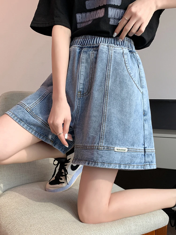 

Шорты женские джинсовые с завышенной талией, эластичные Универсальные однотонные свободные штаны из денима в Корейском стиле, большие размеры, лето 2023