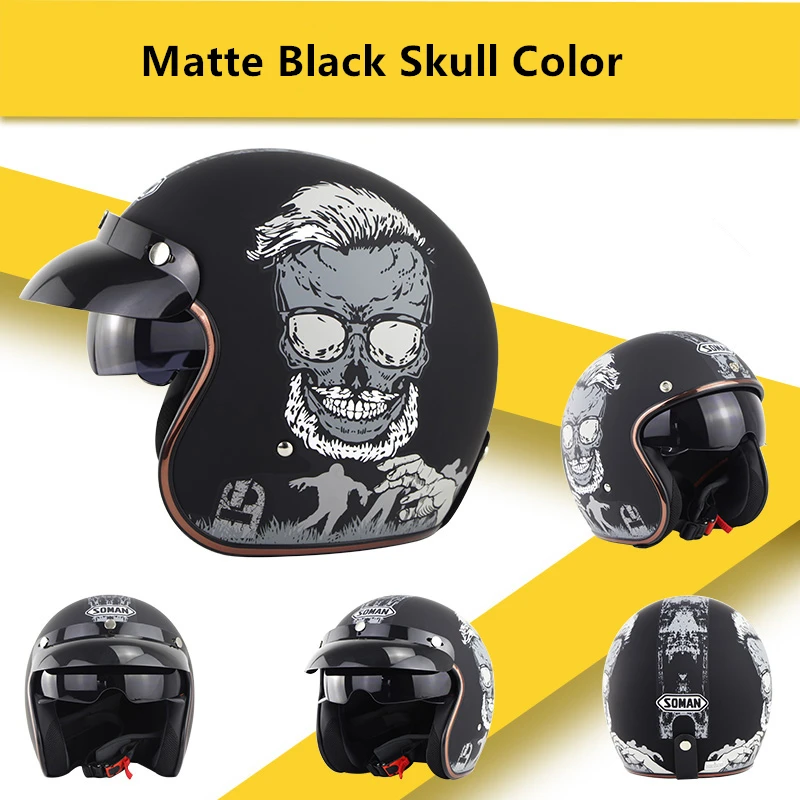 Мотоциклетный шлем SOMAN 3/4 классический в стиле ретро с двойным козырьком горошек